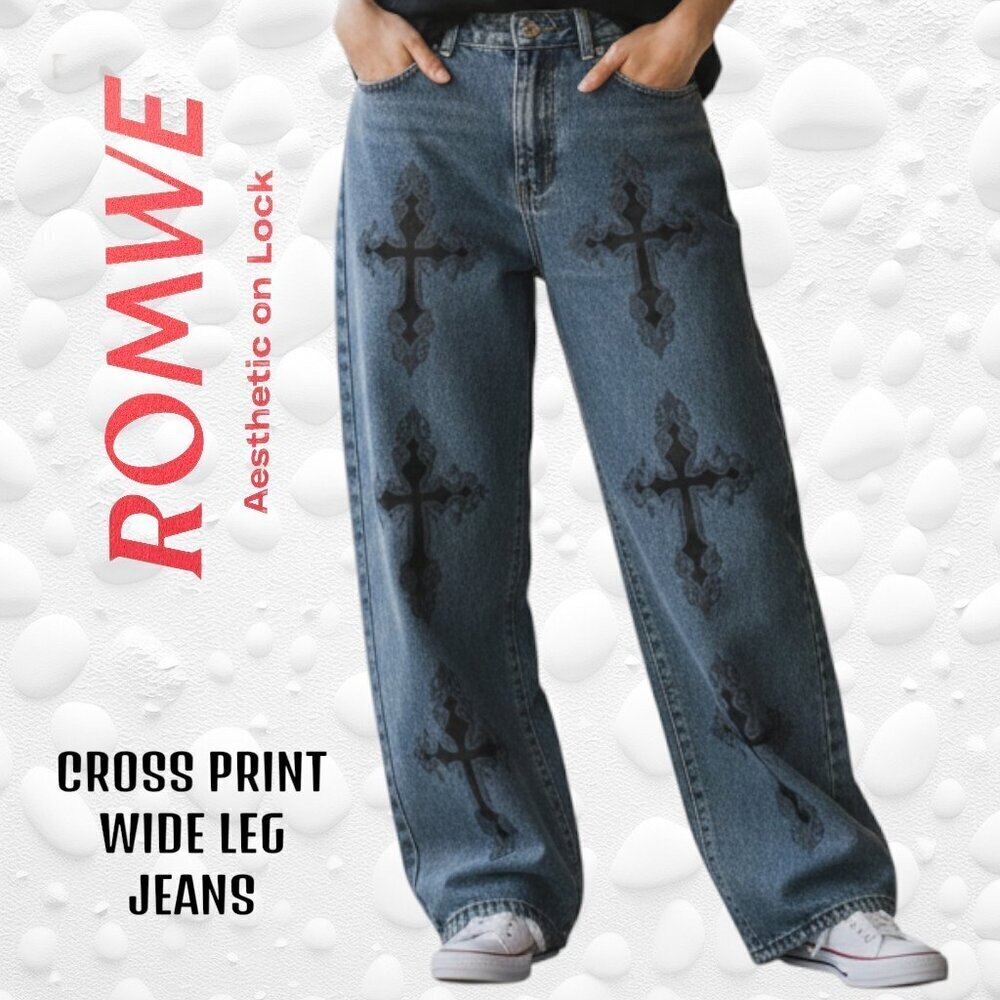 ROMWE Wide-Leg Graphic Cross Jeans – Size L
